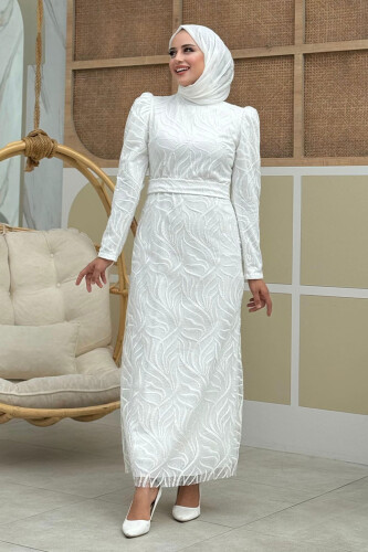 Dal Desenli Simli Tül Abiye Elbise 1140 Ekru - Bym Fashion