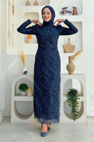 Dal Desenli Simli Tül Abiye Elbise 1140 Lacivert - Bym Fashion
