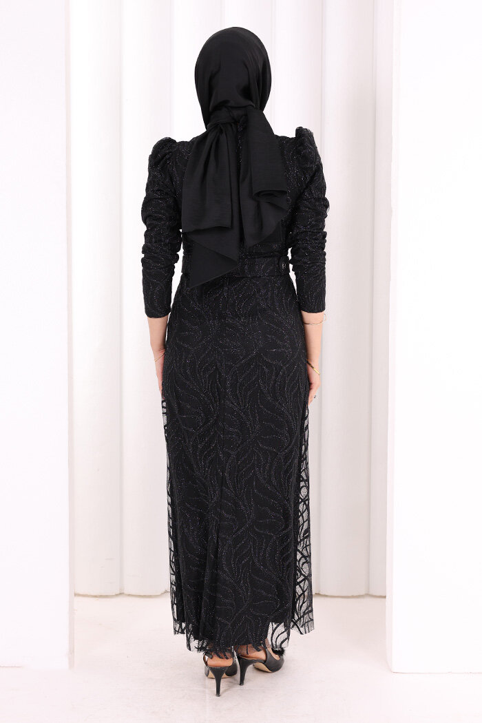 Dal Desenli Simli Tül Abiye Elbise 1140 Siyah - 4