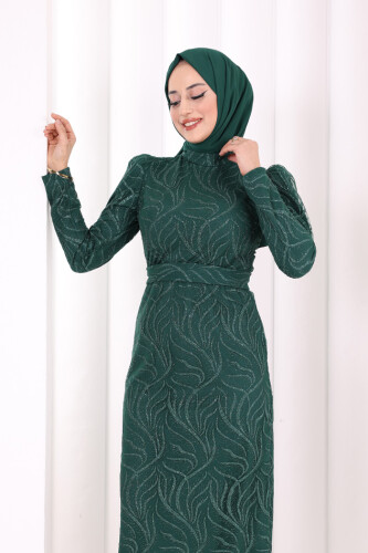 Dal Desenli Simli Tül Abiye Elbise 1140 Zümrüt - 5