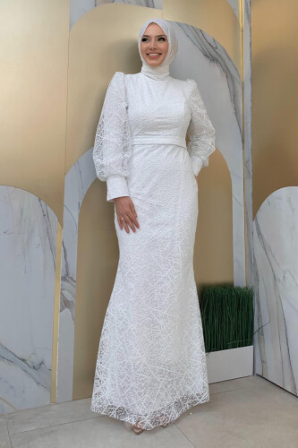 Desenli Balonkol Görünümlü Simli Abiye Elbise 1144 Ekru - Bym Fashion