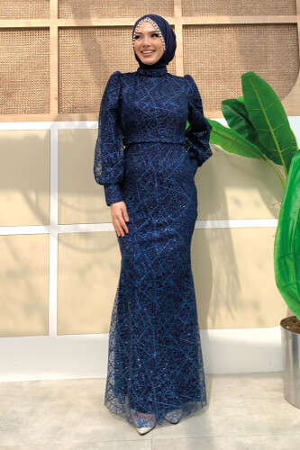 Desenli Balonkol Görünümlü Simli Abiye Elbise 1144 Lacivert - Bym Fashion