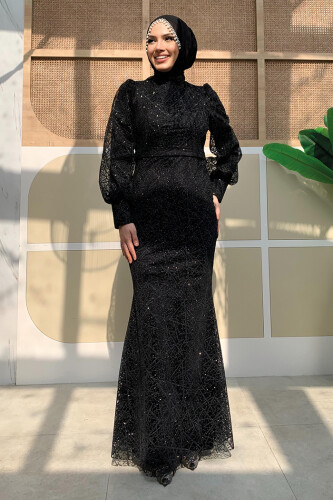 Desenli Balonkol Görünümlü Simli Abiye Elbise 1144 Siyah - Bym Fashion