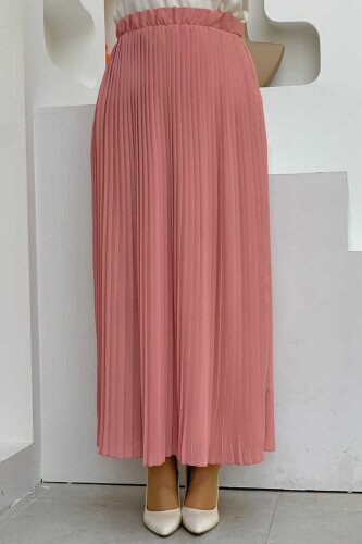 Bel Lastikli Piliseli Şifon Etek 1152 Pudra - bym fashion