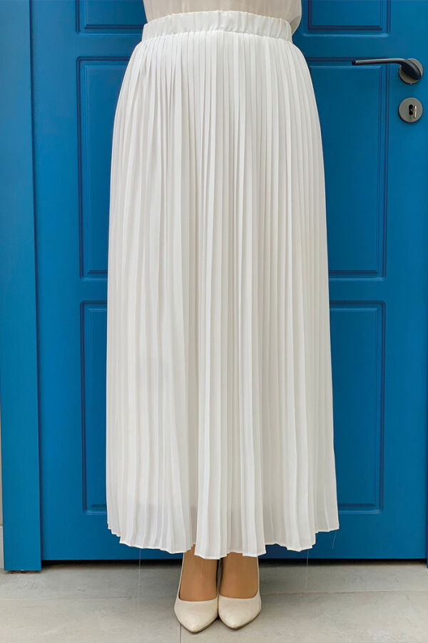 Elastic Waist Pleated Lined Chiffon Skirt 1152 Ecru - 2