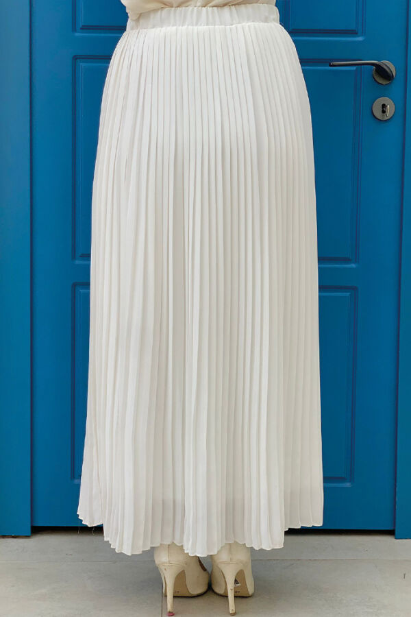 Elastic Waist Pleated Lined Chiffon Skirt 1152 Ecru - 4