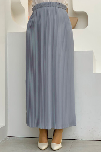Elastic Waist Pleated Lined Chiffon Skirt 1152 Gray - 2