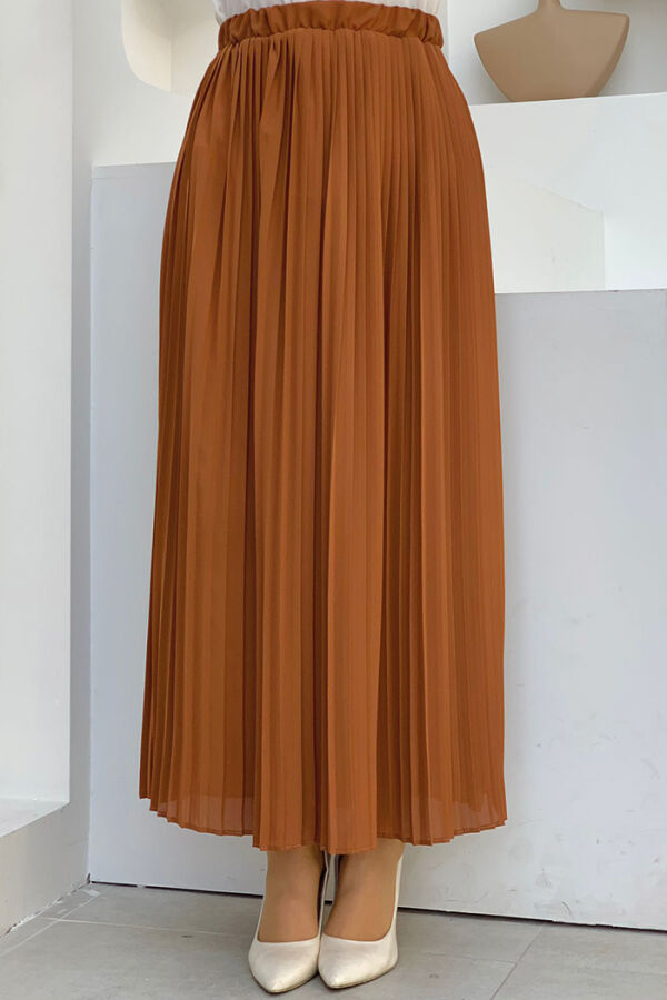 Elastic Waist Pleated Lined Chiffon Skirt 1152 Tan - 2