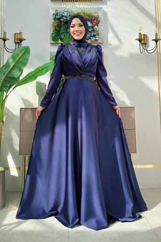 Taş Detaylı Saten Abiye Elbise 1158 Lacivert - 1