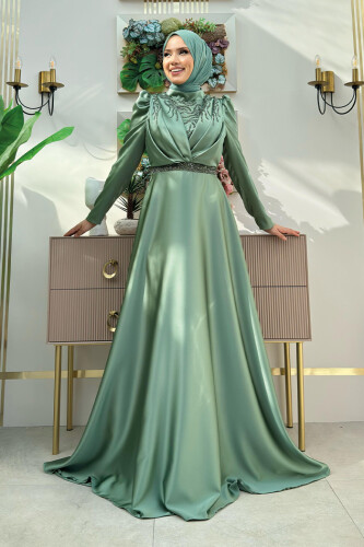 Taş Detaylı Saten Abiye Elbise 1158 Mint - Bym Fashion