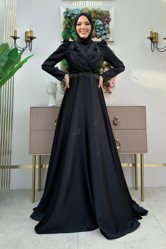 Taş Detaylı Saten Abiye Elbise 1158 Siyah 