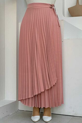 Yandan Bağlamalı Parça Detay Piliseli Etek 1176 Pudra - bym fashion