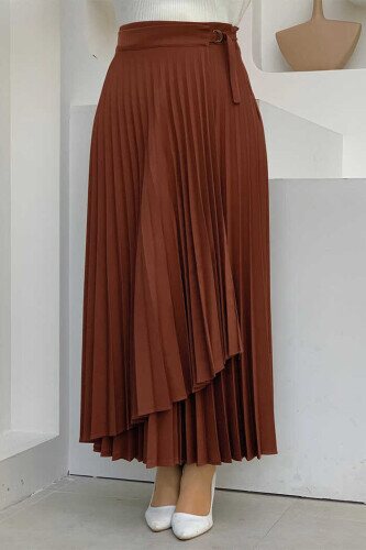 Side Tie Piece Detail Pleated Skirt 1176 Dark Brown 