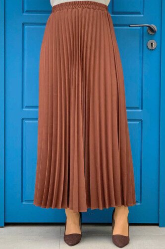 Elastic Waist Pleated Skirt 1178 Brown 