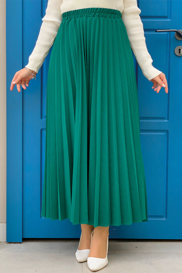 Elastic Waist Pleated Skirt 1178 Emerald - 2