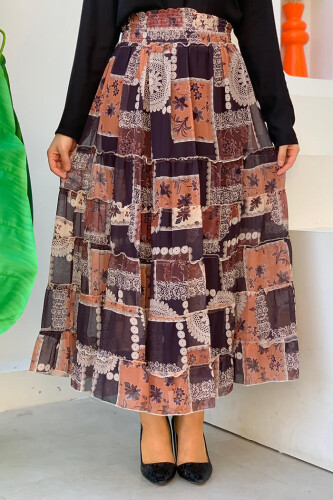 Taillendicker, elastischer Look, gemusterter Chiffonrock mit gestuften Details 1182 Schwarz - 2