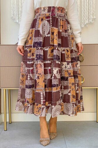 Waist Thick Elastic Look Tiered Detail Patterned Chiffon Skirt 1182 Brown 