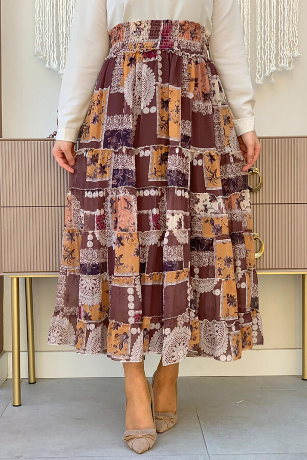 Waist Thick Elastic Look Tiered Detail Patterned Chiffon Skirt 1182 Brown - 2