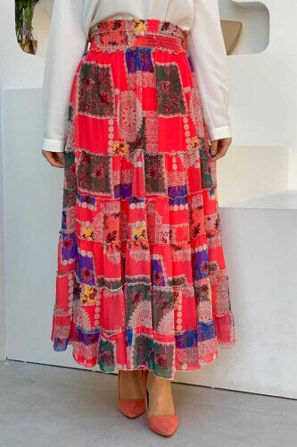 Waist Thick Elastic Look Tiered Detail Patterned Chiffon Skirt 1182 Fuchsia - 1