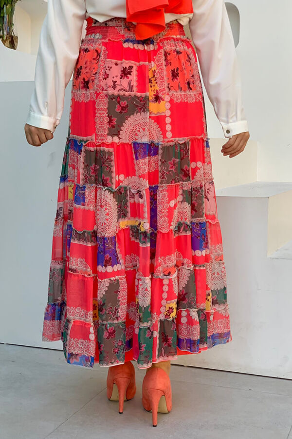 Waist Thick Elastic Look Tiered Detail Patterned Chiffon Skirt 1182 Fuchsia - 4
