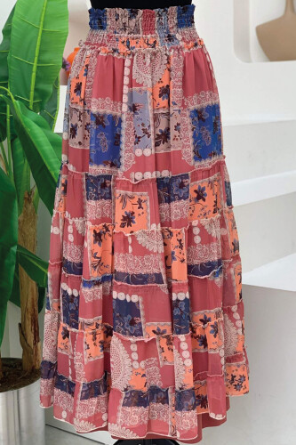 Waist Thick Elastic Look Tiered Detailed Patterned Chiffon Skirt 1182 Dried Rose - 3