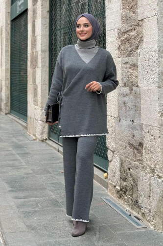 Kimono Pantolon İkili Triko Takım 12154 Gri 