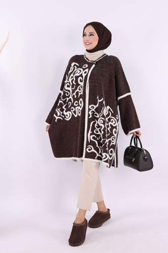 Desenli Sakal ve Düğmeli Panço 12610 Kahverengi - Bym Fashion