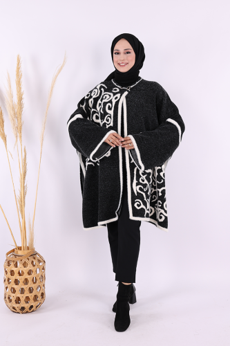 Desenli Sakal ve Düğmeli Panço 12610 Siyah - Bym Fashion