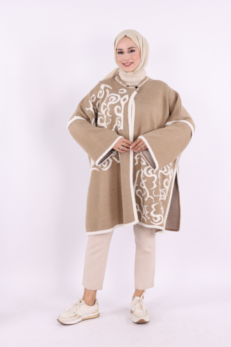 Desenli Sakal ve Düğmeli Panço 12610 Vizon - Bym Fashion