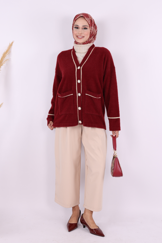 İnci Detay Sakallı Hırka 12620 Bordo - Bym Fashion