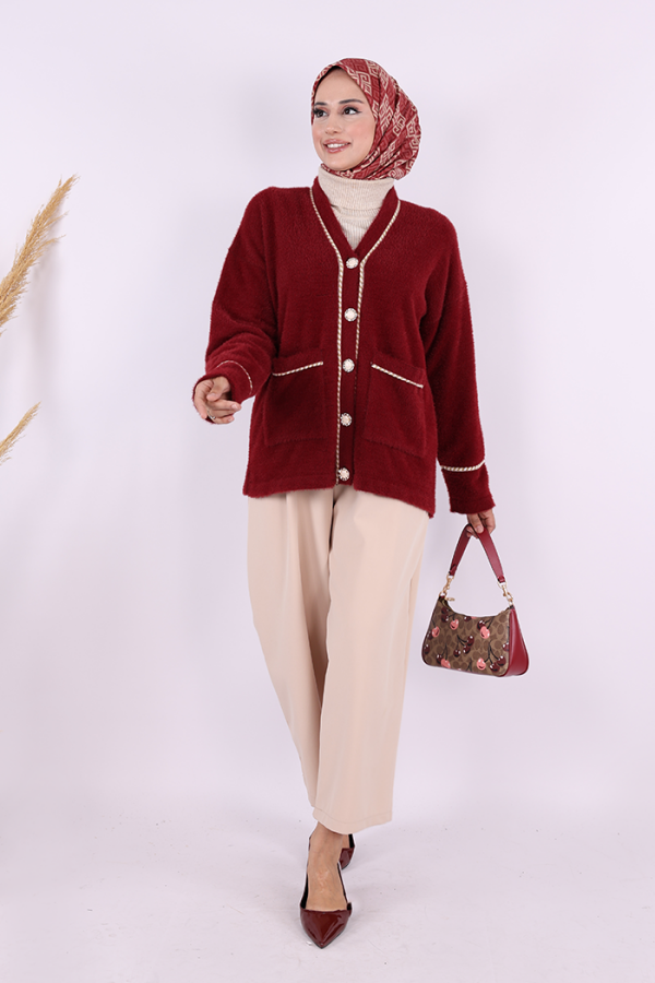 İnci Detay Sakallı Hırka 12620 Bordo - 2