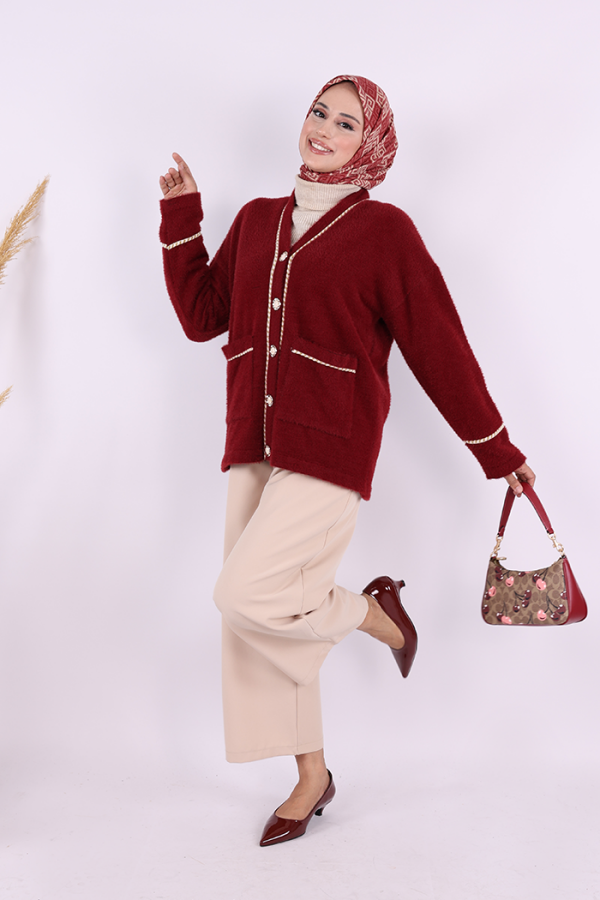 İnci Detay Sakallı Hırka 12620 Bordo - 3