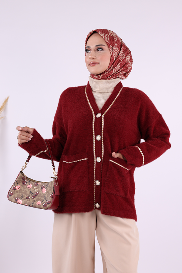 İnci Detay Sakallı Hırka 12620 Bordo - 5