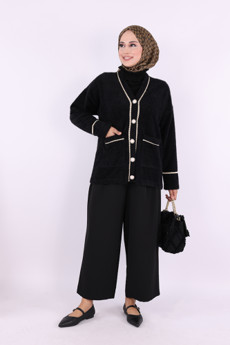 İnci Detay Sakallı Hırka 12620 Siyah - Bym Fashion