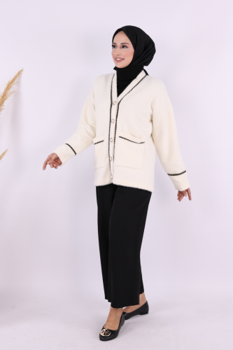 İnci Detay Sakallı Hırka 12620 Taş - Bym Fashion