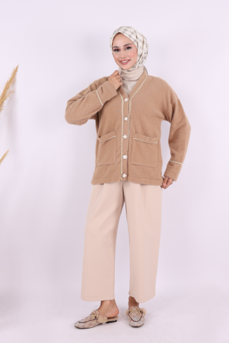 İnci Detay Sakallı Hırka 12620 Vizon - Bym Fashion