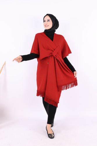 Şal Bağlamalı Triko Panço 12630 Bordo - Bym Fashion