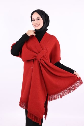 Şal Bağlamalı Triko Panço 12630 Bordo - 2
