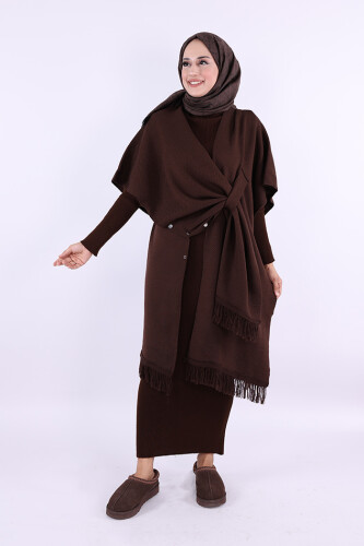 Şal Bağlamalı Triko Panço 12630 Kahverengi - Bym Fashion