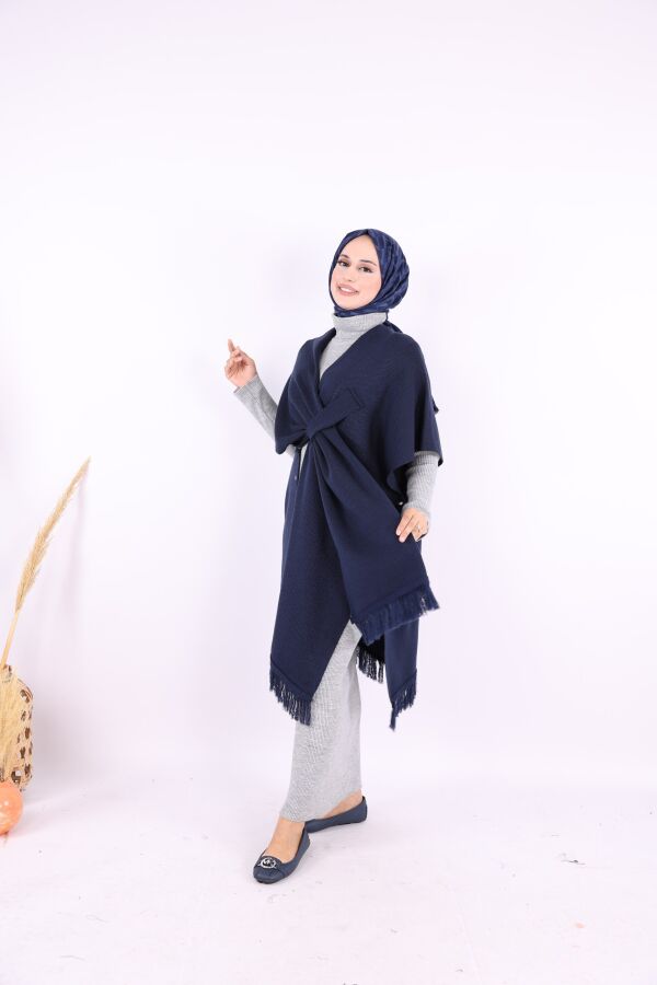 Şal Bağlamalı Triko Panço 12630 Lacivert - 2