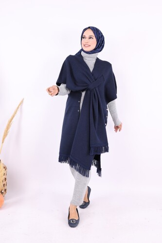 Şal Bağlamalı Triko Panço 12630 Lacivert 