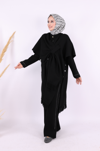 Şal Bağlamalı Triko Panço 12630 Siyah - 2