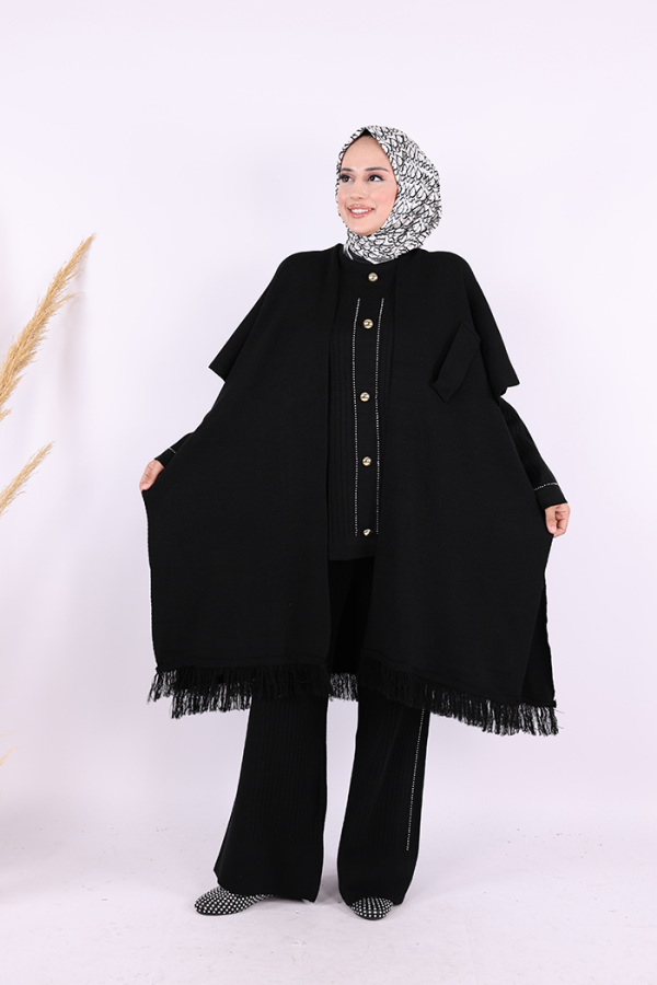 Şal Bağlamalı Triko Panço 12630 Siyah - 3