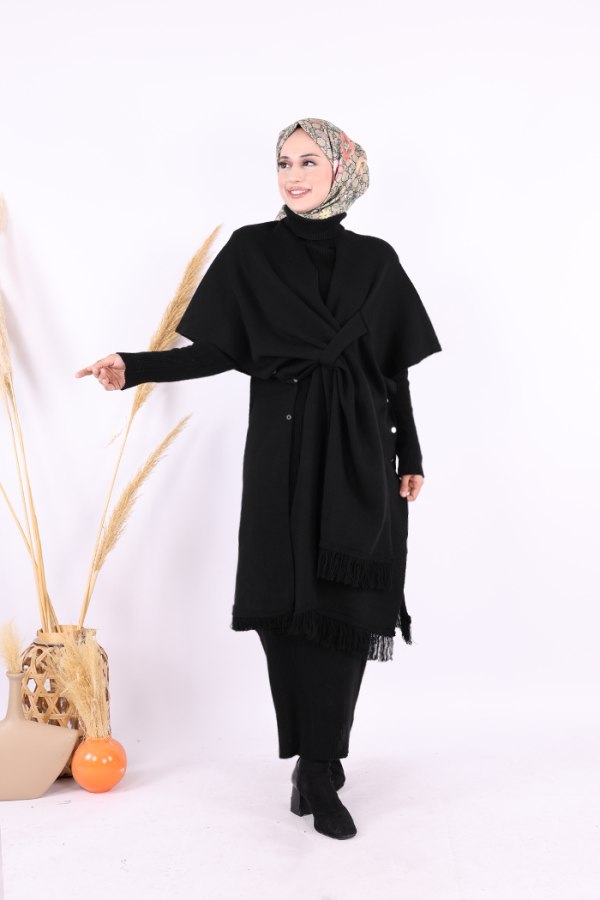 Şal Bağlamalı Triko Panço 12630 Siyah - 4
