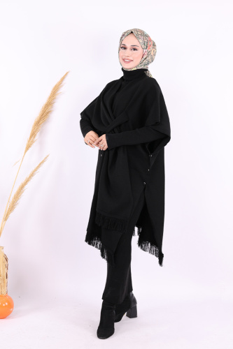 Şal Bağlamalı Triko Panço 12630 Siyah - 5