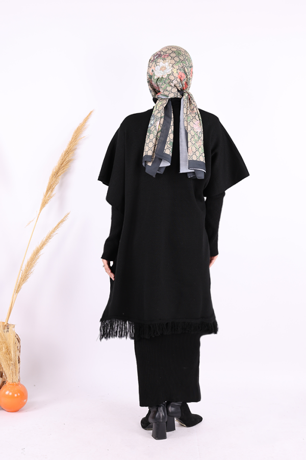Şal Bağlamalı Triko Panço 12630 Siyah - 6