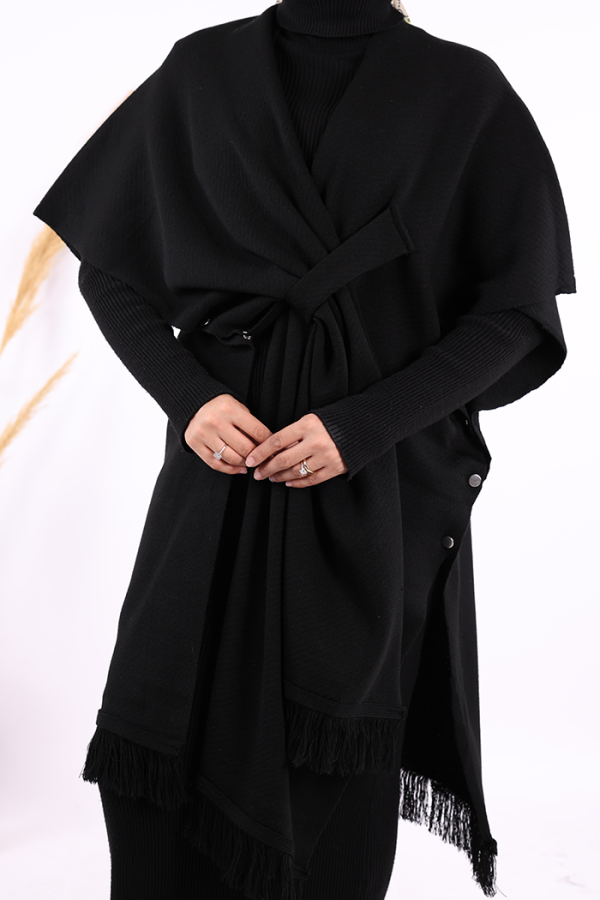 Şal Bağlamalı Triko Panço 12630 Siyah - 7