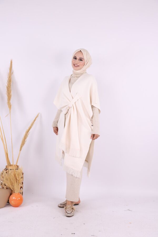 Şal Bağlamalı Triko Panço 12630 Taş - 1