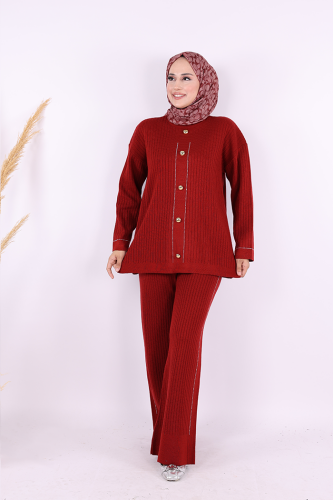 Taş İşleme ve Düğme Detaylı Triko Takım 12657 Bordo - 1
