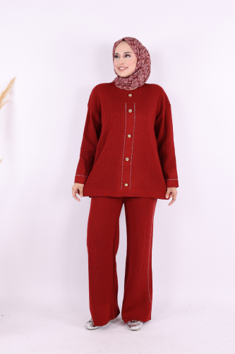 Taş İşleme ve Düğme Detaylı Triko Takım 12657 Bordo - 2